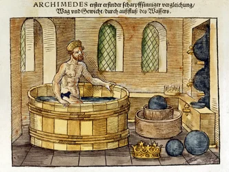 Arquímedes (c287-212 a.C.) matemático e inventor griego, en su baño, 1547